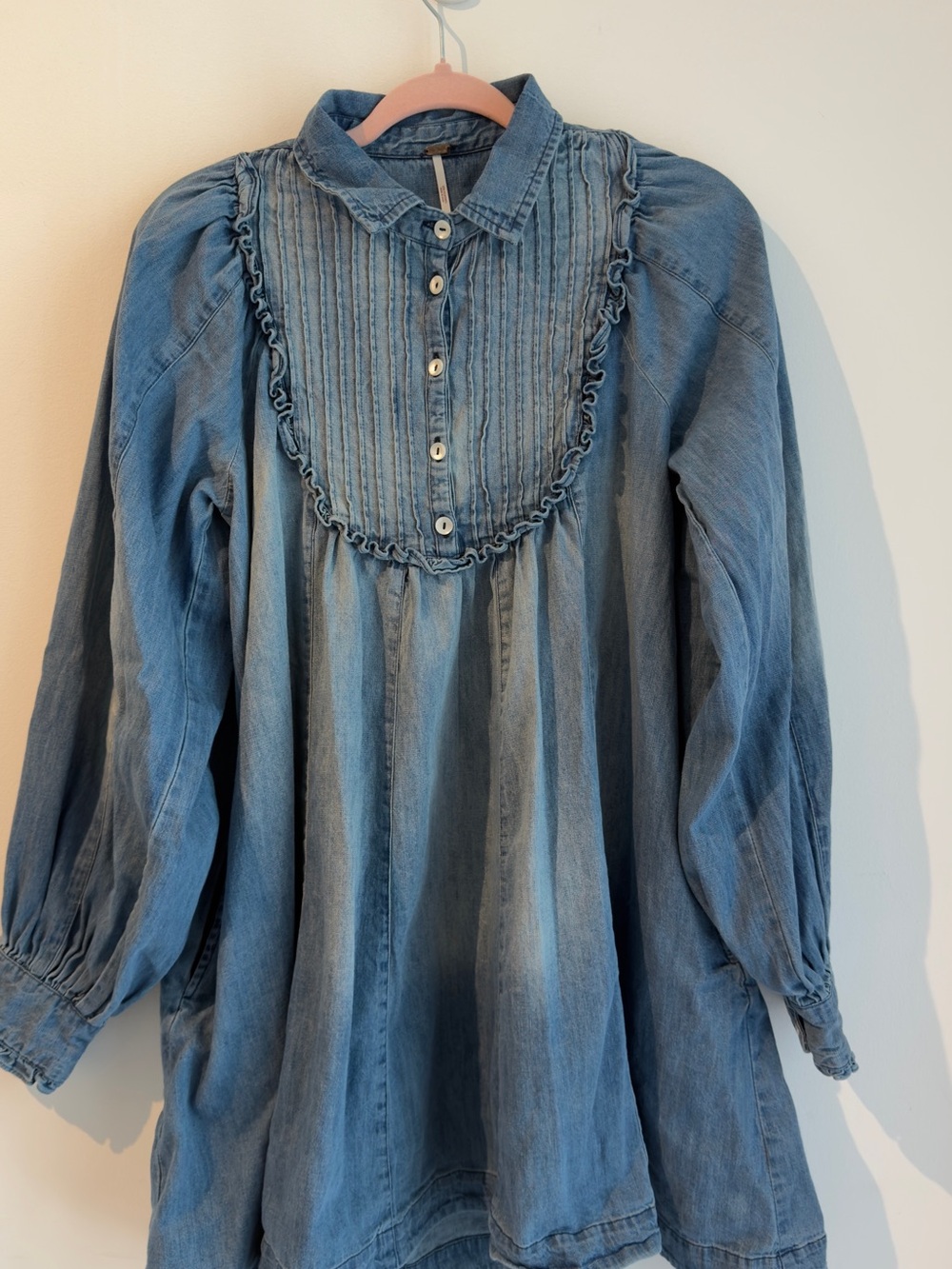 Free People Light Blue Denim Pintuck Babydoll Mini Dress - Picture 5 of 12
